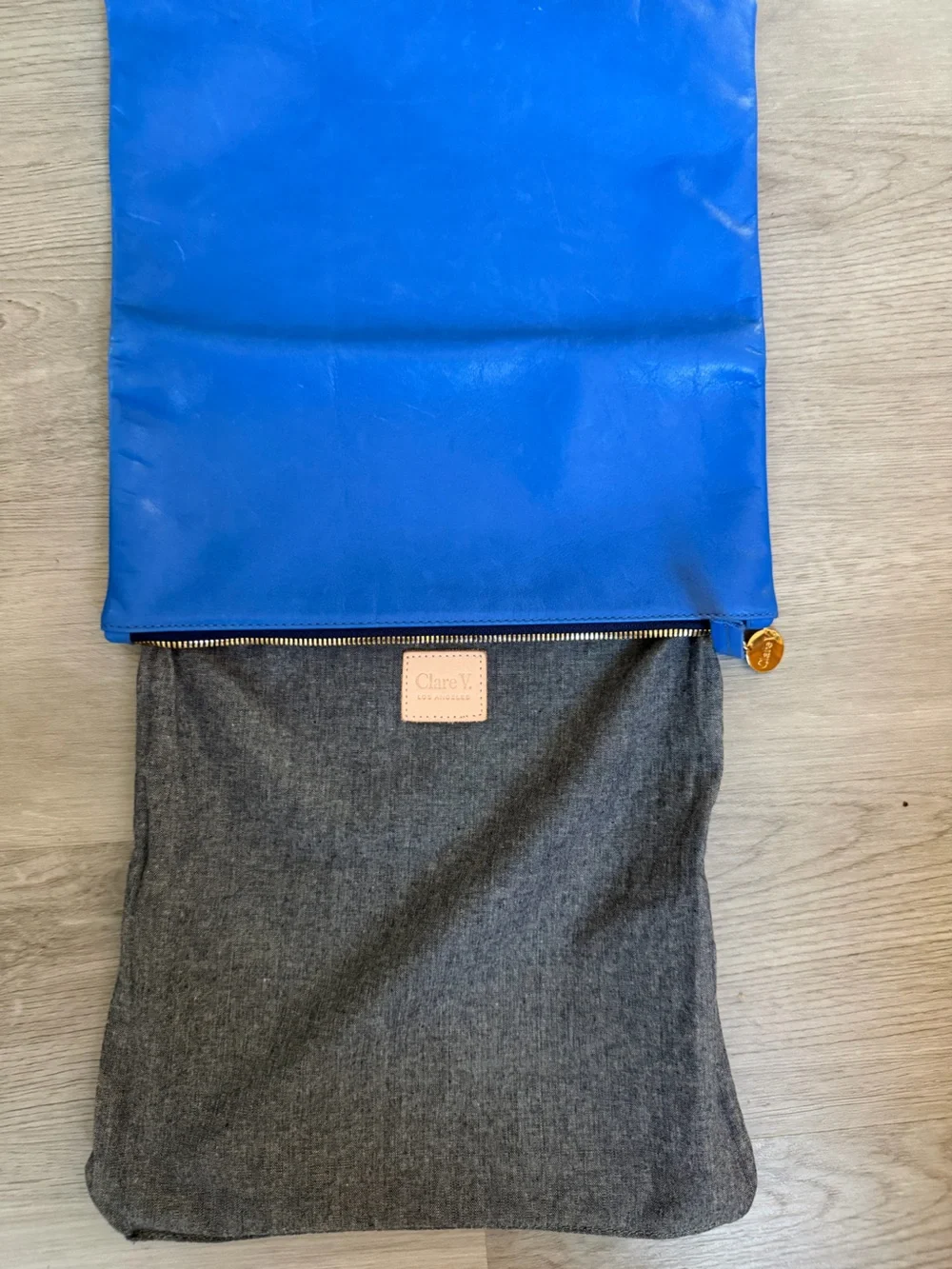 Clare V. Supreme Colorblock Foldover Leather Clutch - Navy & Cobalt Blue
